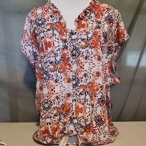 Orange and Blue Tie Front Blouse with Mandarin Collar